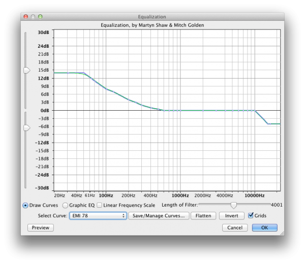 Audacity Equalization effect: EMI 78 settings