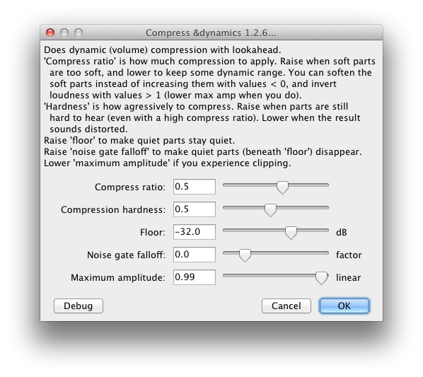 Chris's Dynamic Compressor defaults: ratio 0.5, hardness 0.5, floor -32.0, noise gate falloff 0.0, maximum amplitude 0.99