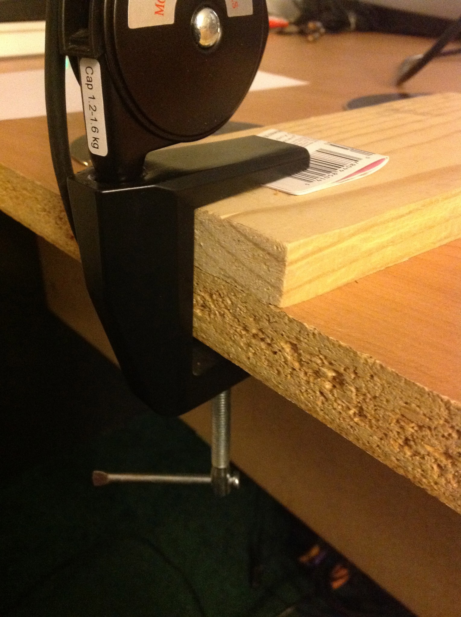 Wood block and coupons to hold up mic boom arm
