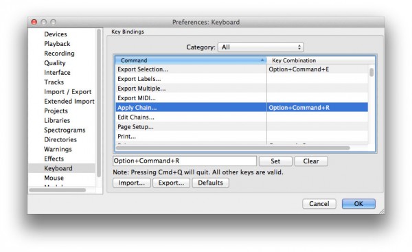 Audacity-set keyboard shortcut