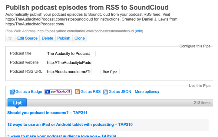 Podcast RSS into Yahoo Pipes